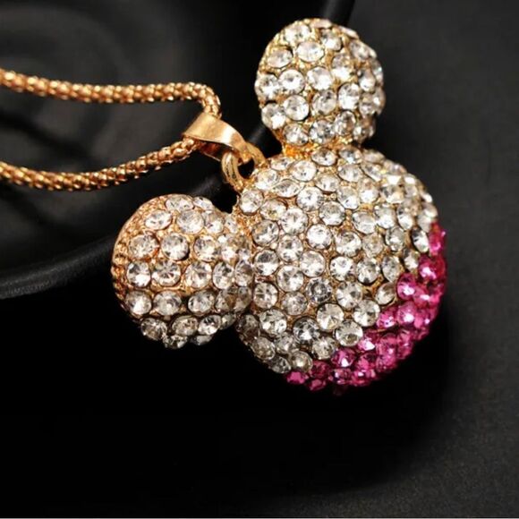 Lovely Pink Mouse Head Crystal Pendant Chain Woman Necklace NWOT - Picture 3 of 3